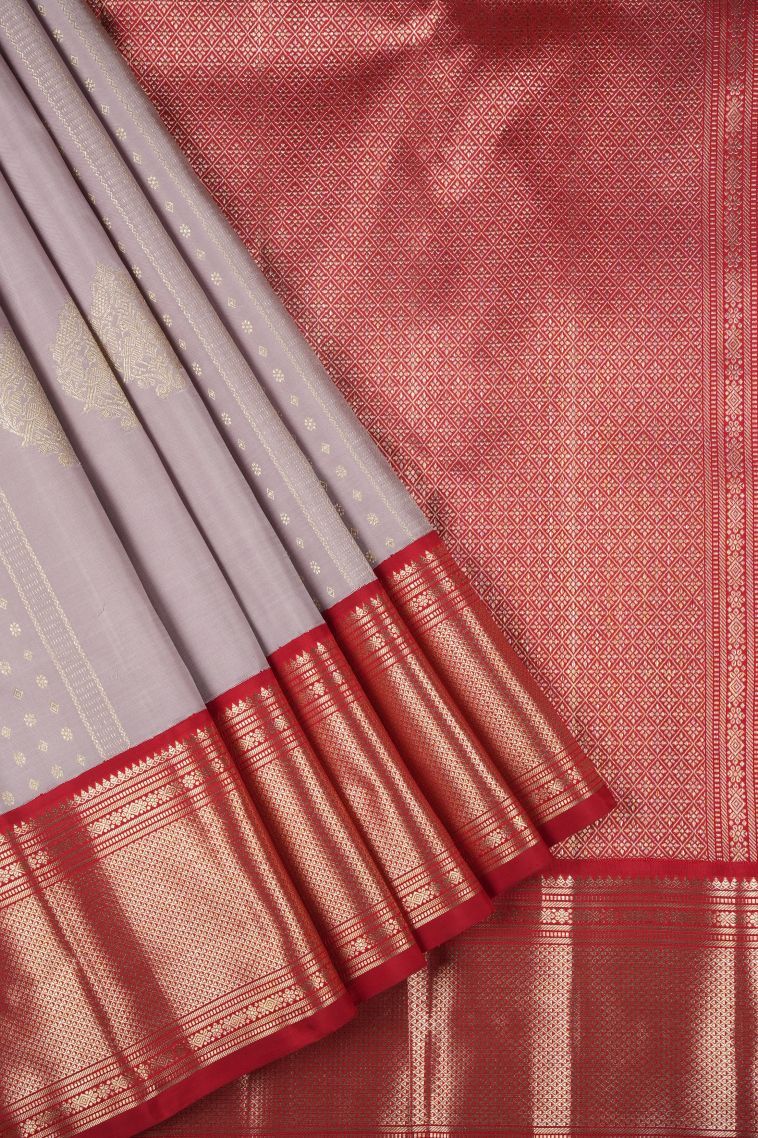Periwinkle Purple Kanchipuram Silk Sarees with Silver Zari Buttis (small Dots Or Motifs) view 1