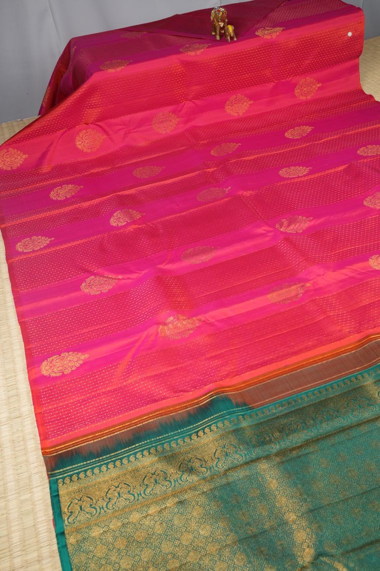 Strawberry Pink Kanchipuram Silk Sarees with Gold Zari Stripes view 2