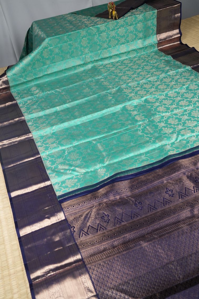 Arctic Blue Kanchipuram Silk Sarees with Gold Zari Floral Patterns view 2