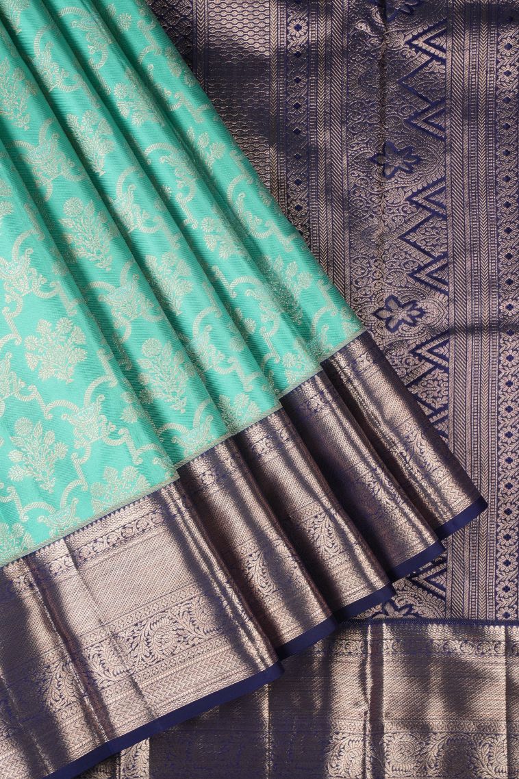 Arctic Blue Kanchipuram Silk Sarees with Gold Zari Floral Patterns view 1