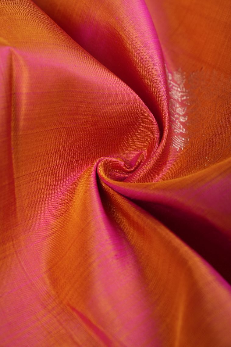 Carrot Orange Kanchipuram Silk Sarees with Gold Zari Floral Patterns view 4
