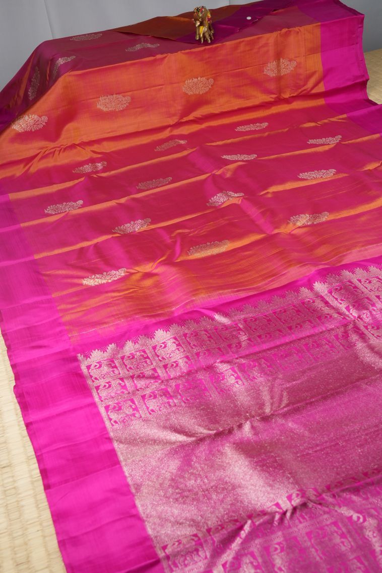 Carrot Orange Kanchipuram Silk Sarees with Gold Zari Floral Patterns view 2