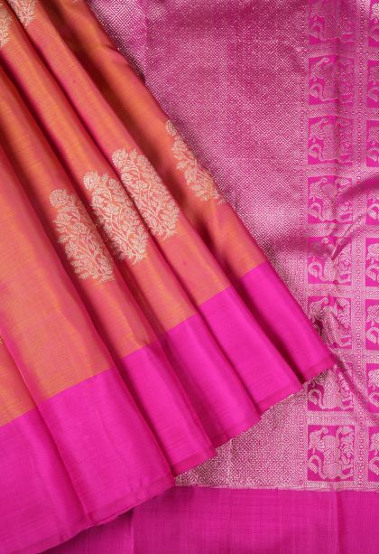 Carrot Orange Kanchipuram Silk Sarees with Gold Zari Floral Patterns