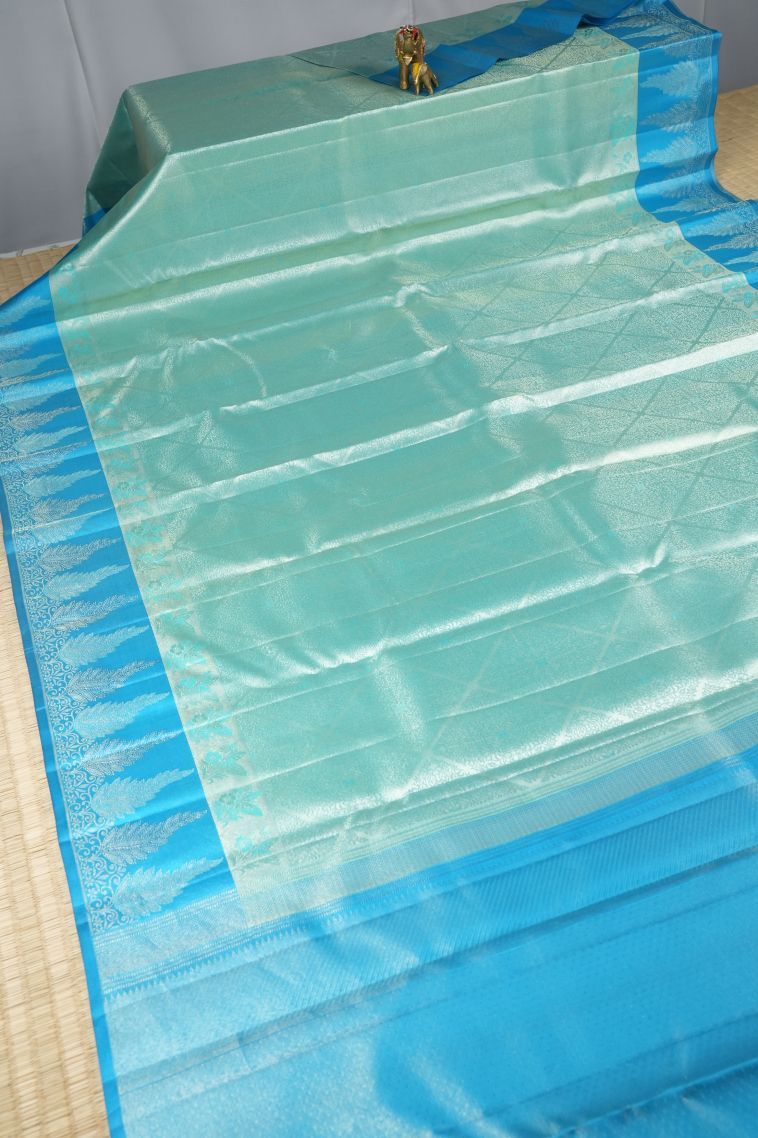 Sky Blue Kanchipuram Silk Sarees with Silver Zari Floral Patterns view 2