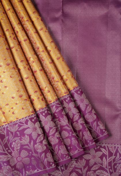 Apricot Orange Kanchipuram Silk Sarees with Silver Zari Floral Patterns