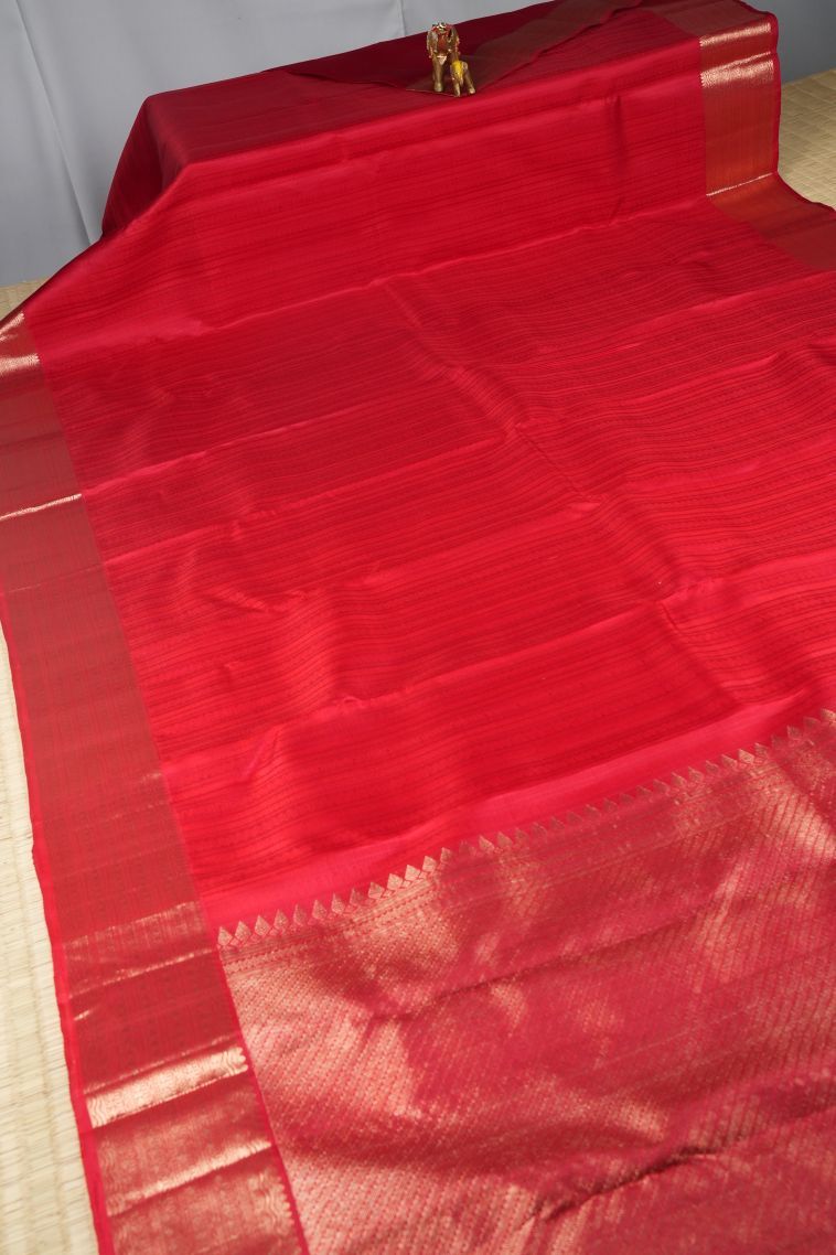 Rose  Red Kanchipuram Silk Sarees with Gold Zari Stripes view 2