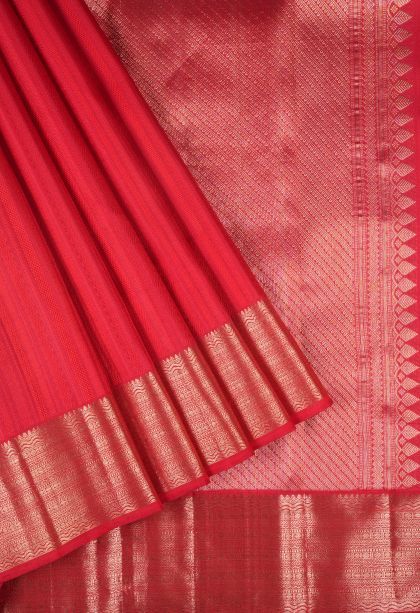 Rose  Red Kanchipuram Silk Sarees with Gold Zari Stripes
