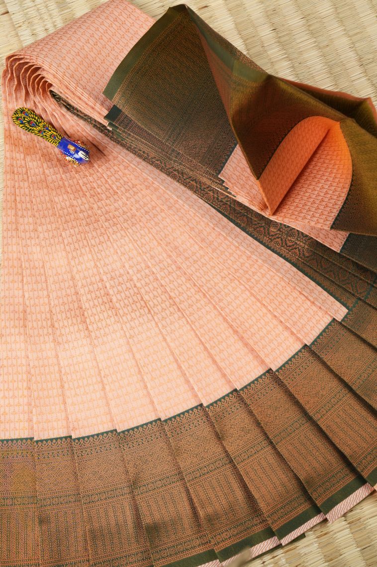 Peach Pink Visiri Madippu Silk Sarees with Copper Zari Floral Patterns view 1