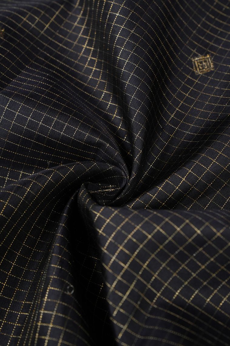 Rock Black Kanchipuram Silk Sarees with Gold Zari Checks view 4