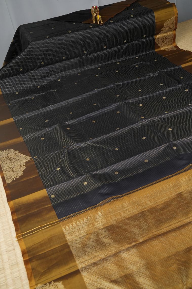 Rock Black Kanchipuram Silk Sarees with Gold Zari Checks view 2