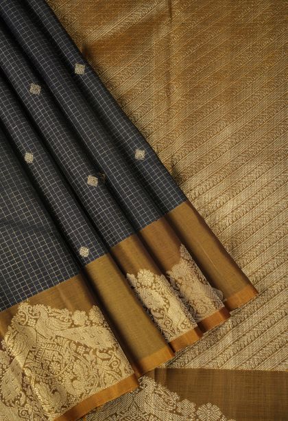 Rock Black Kanchipuram Silk Sarees with Gold Zari Checks