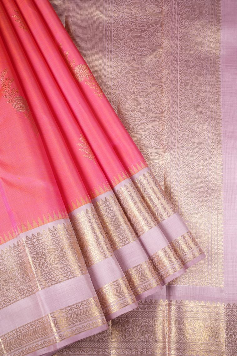 Punch Pink Kanchipuram Silk Sarees with Gold Zari Buttis (small Dots Or Motifs) view 1