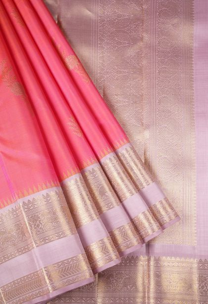Punch Pink Kanchipuram Silk Sarees with Gold Zari Buttis (small Dots Or Motifs)