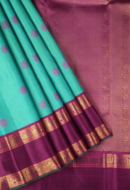 Seafoam Green Kanchipuram Silk Sarees with Gold Zari Peacock Motifs