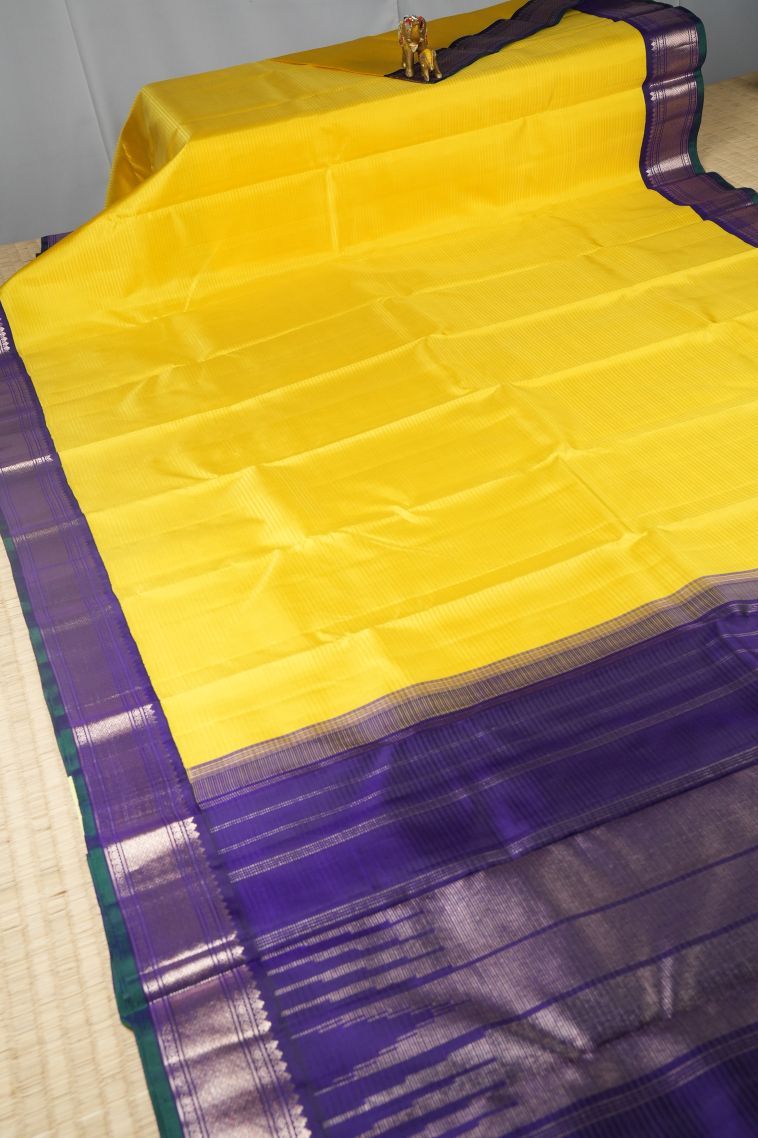 Lemon Yellow Kanchipuram Silk Sarees with Without Zari Zari Plain view 2