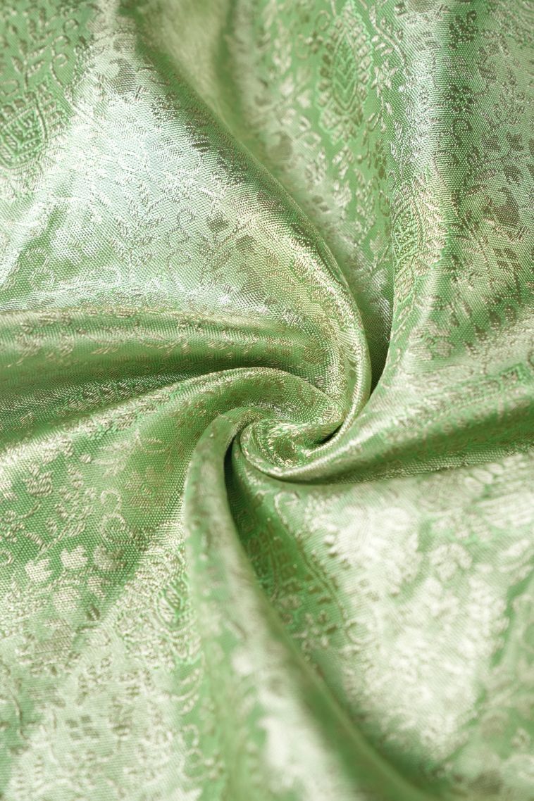 Lime Green Kanchipuram Silk Sarees with Silver Zari Floral Patterns view 4