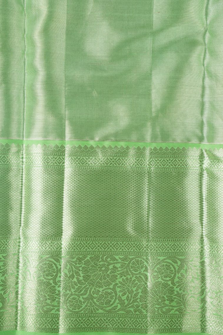 Lime Green Kanchipuram Silk Sarees with Silver Zari Floral Patterns view 3