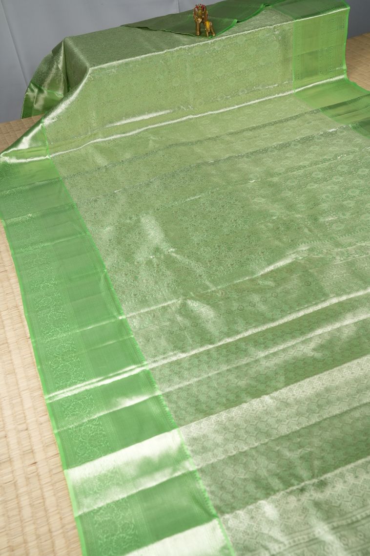 Lime Green Kanchipuram Silk Sarees with Silver Zari Floral Patterns view 2
