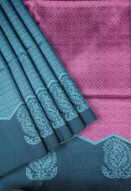 Ocean Blue Tussar Saree with Without Zari Zari Geometric Shapes