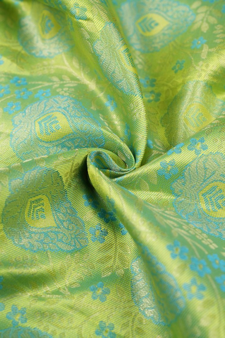 Lime Green Kanchipuram Silk Sarees with Gold Zari Floral Patterns view 4