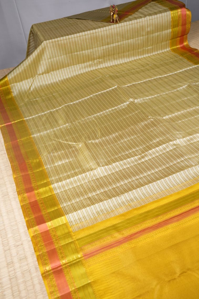 Sandollar Yellow Kanchipuram Silk Sarees with Gold Zari Stripes view 2
