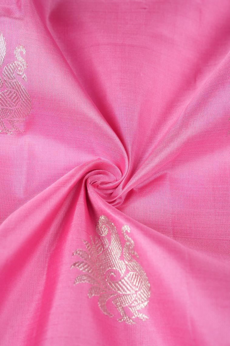 Taffy Pink Kanchipuram Silk Sarees with Silver Zari Peacock Motifs view 4