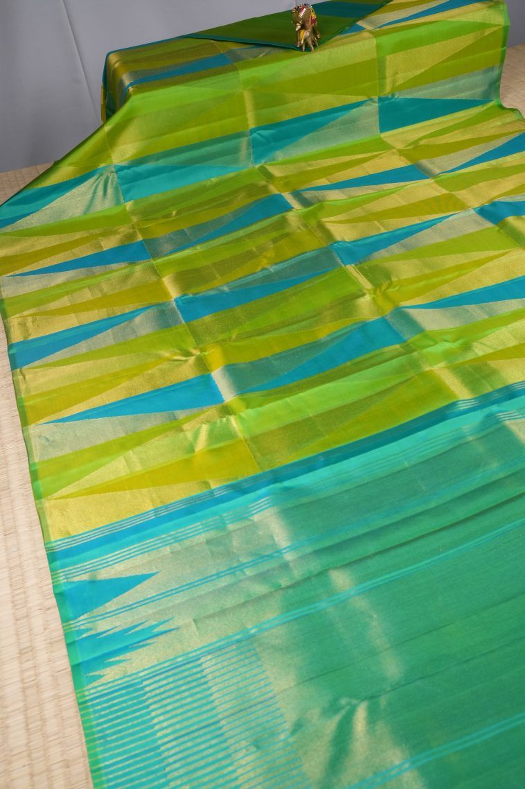 Sky Blue Kanchipuram Silk Sarees with Gold And Silver Zari Geometric Shapes view 2