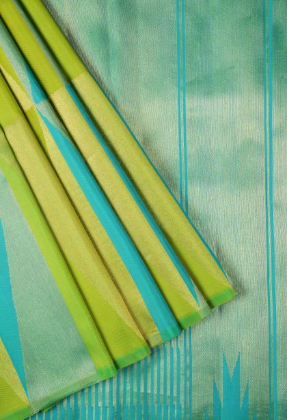 Sky Blue Kanchipuram Silk Sarees with Gold And Silver Zari Geometric Shapes