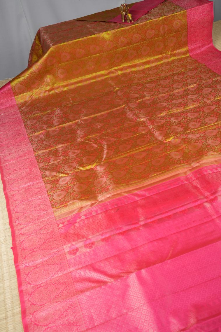 Honey Orange Kanchipuram Silk Sarees with Silver Zari Floral Patterns view 2