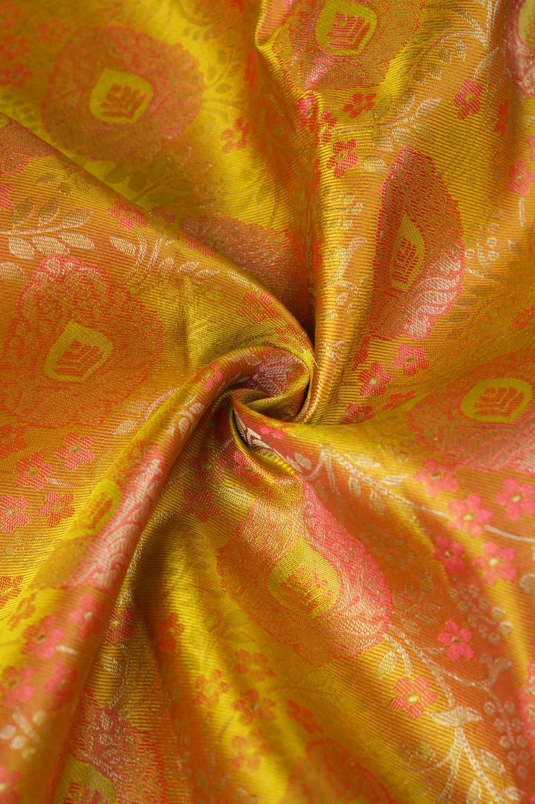 Honey Orange Kanchipuram Silk Sarees with Silver Zari Floral Patterns view 4