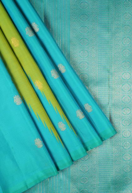 Cerulean Blue Kanchipuram Silk Sarees with Gold Zari Geometric Shapes