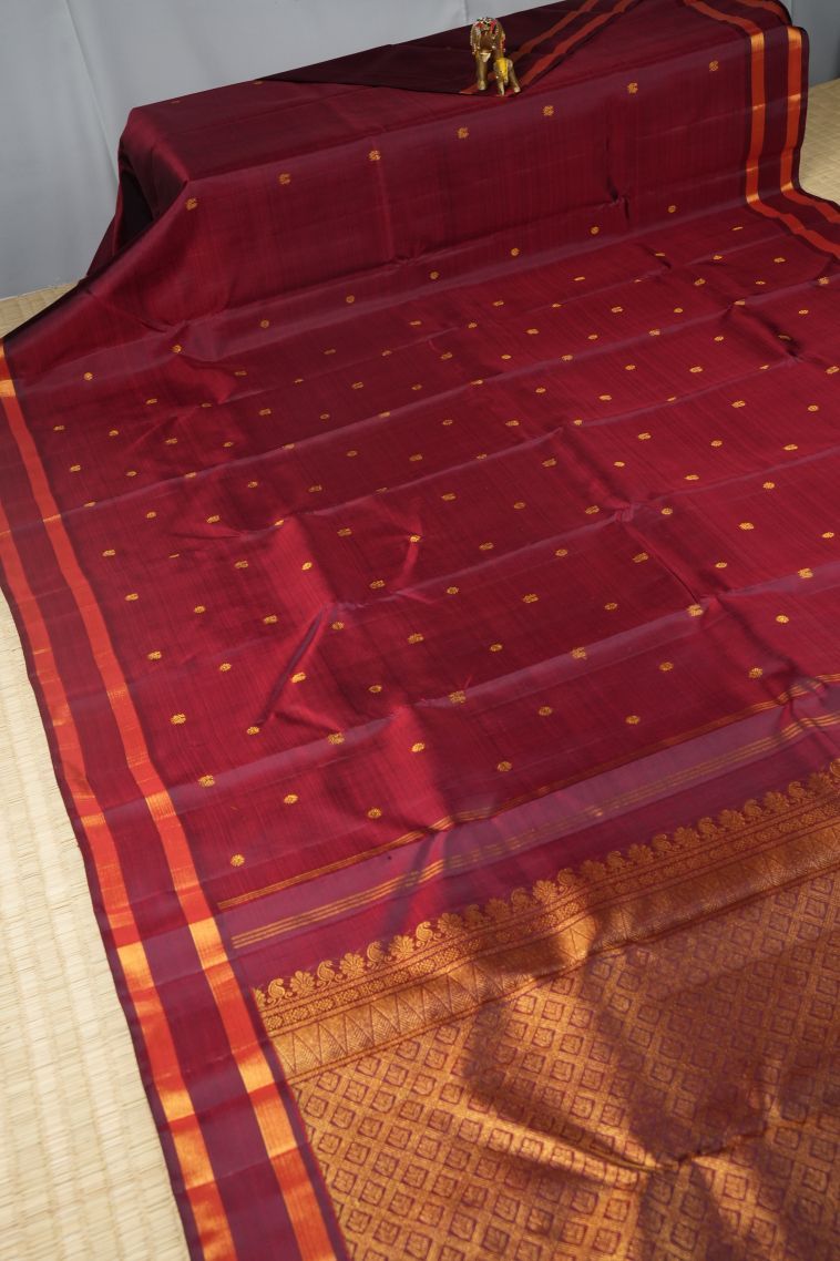 Cherry  Red Kanchipuram Silk Sarees with Gold Zari Buttis (small Dots Or Motifs) view 2