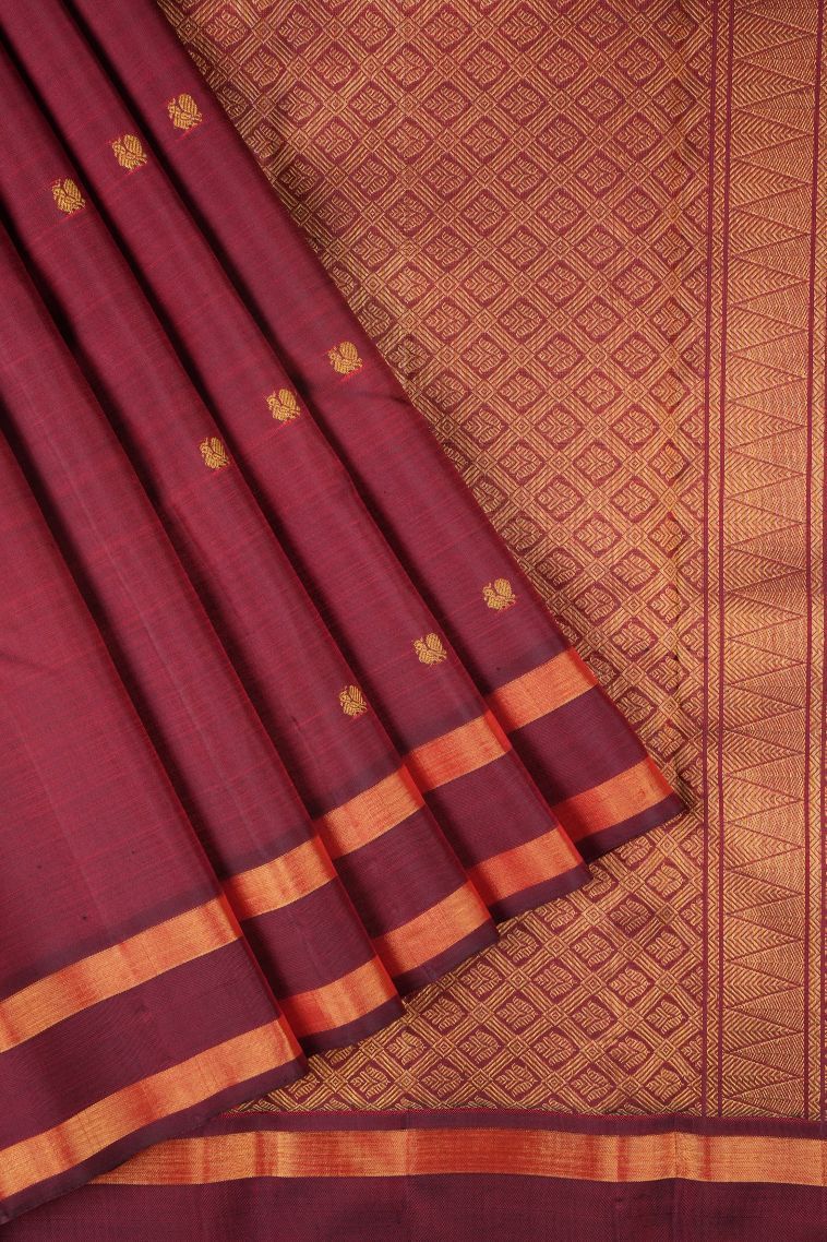 Cherry  Red Kanchipuram Silk Sarees with Gold Zari Buttis (small Dots Or Motifs) view 1