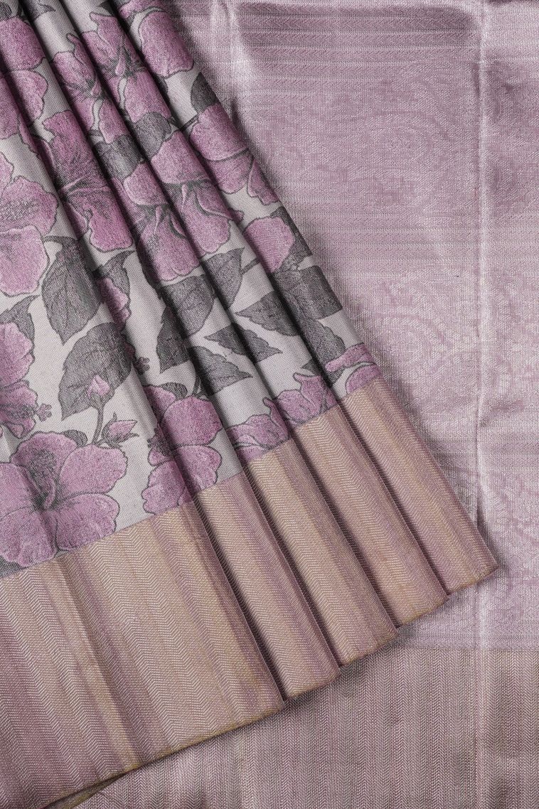 Gray Black Kanchipuram Silk Sarees with Silver Zari Floral Patterns view 1