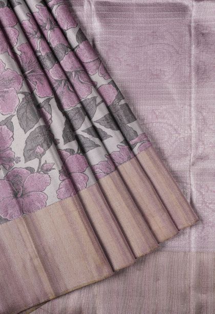 Gray Black Kanchipuram Silk Sarees with Silver Zari Floral Patterns