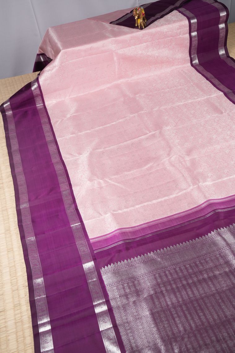 Blush Pink Kanchipuram Silk Sarees with Silver Zari Floral Patterns view 2