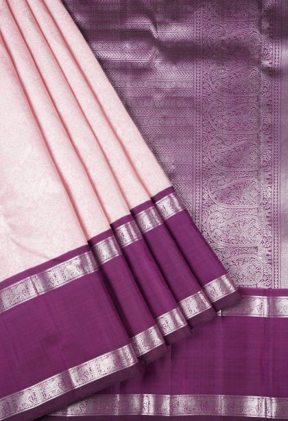 Blush Pink Kanchipuram Silk Sarees with Silver Zari Floral Patterns