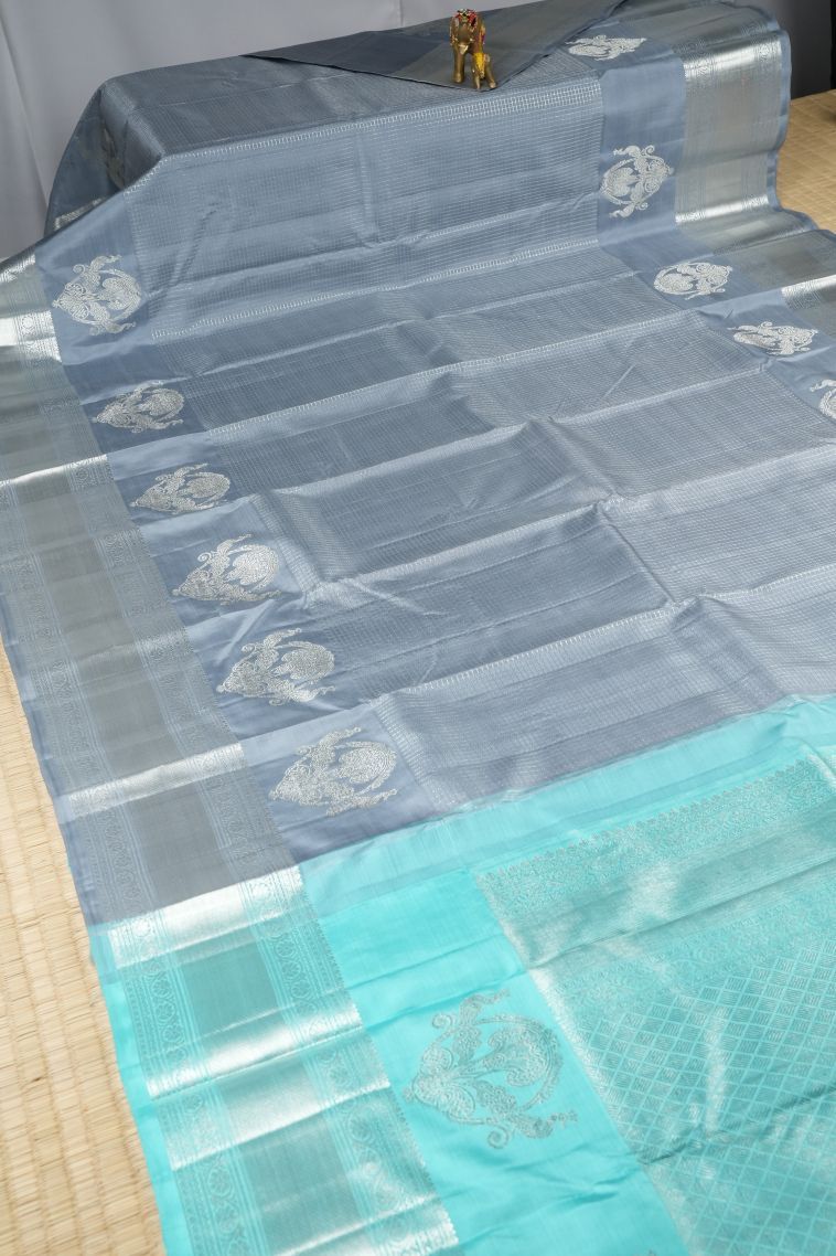 Stone Blue Kanchipuram Silk Sarees with Silver Zari Checks view 2