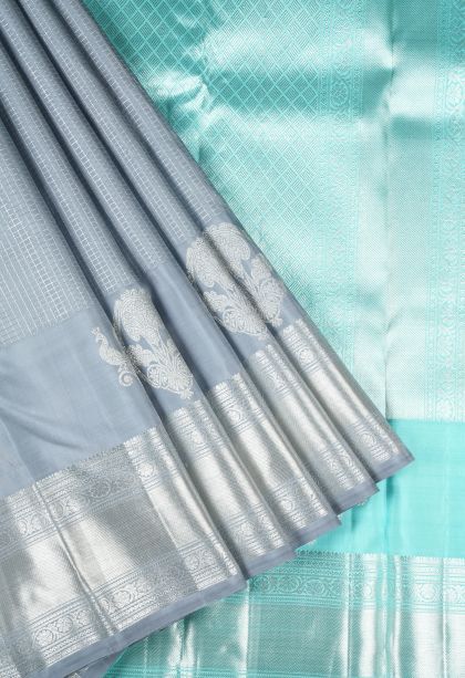 Stone Blue Kanchipuram Silk Sarees with Silver Zari Checks