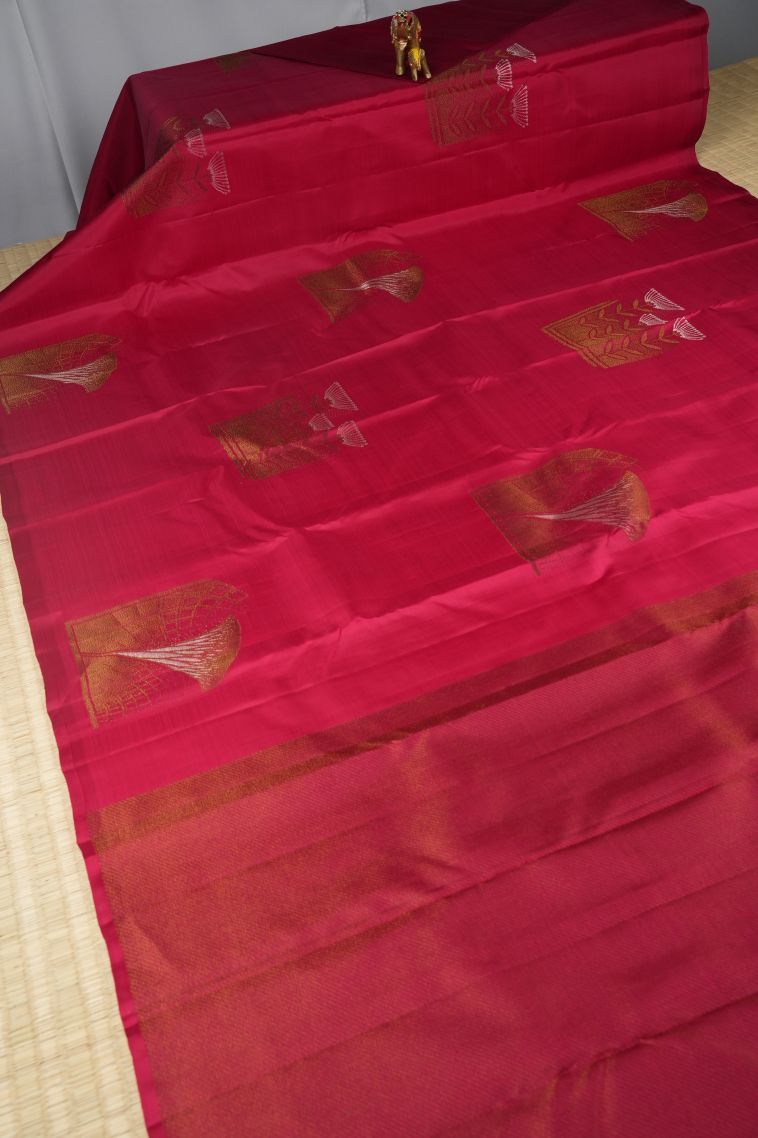 Punch Pink Kanchipuram Silk Sarees with Gold Zari Floral Patterns view 2