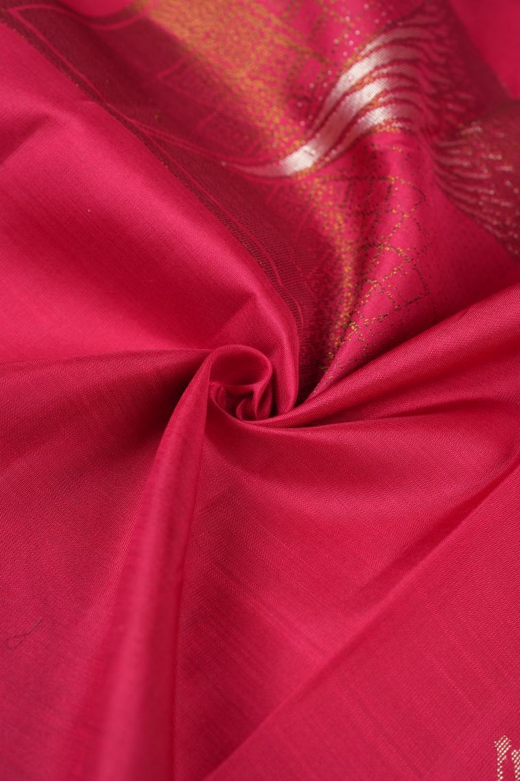 Punch Pink Kanchipuram Silk Sarees with Gold Zari Floral Patterns view 4