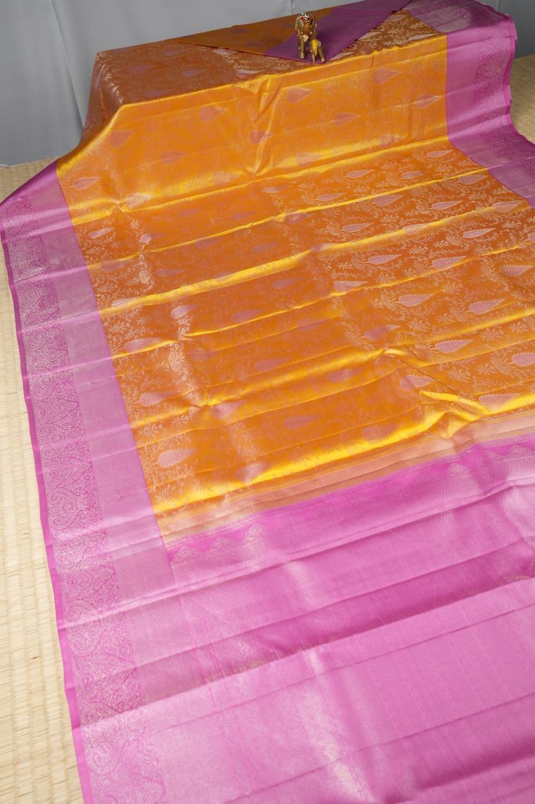 Merigold Orange Kanchipuram Silk Sarees with Gold Zari Floral Patterns view 2
