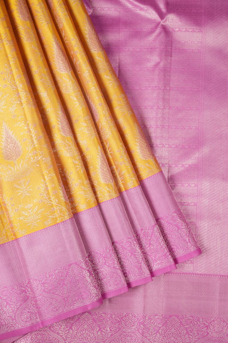 Merigold Orange Kanchipuram Silk Sarees with Gold Zari Floral Patterns view 1