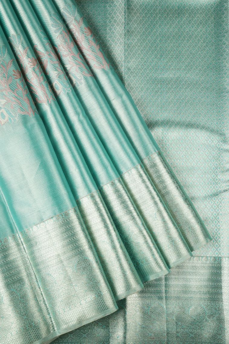 Arctic Blue Kanchipuram Silk Sarees with Silver Zari Buttis (small Dots Or Motifs) view 1