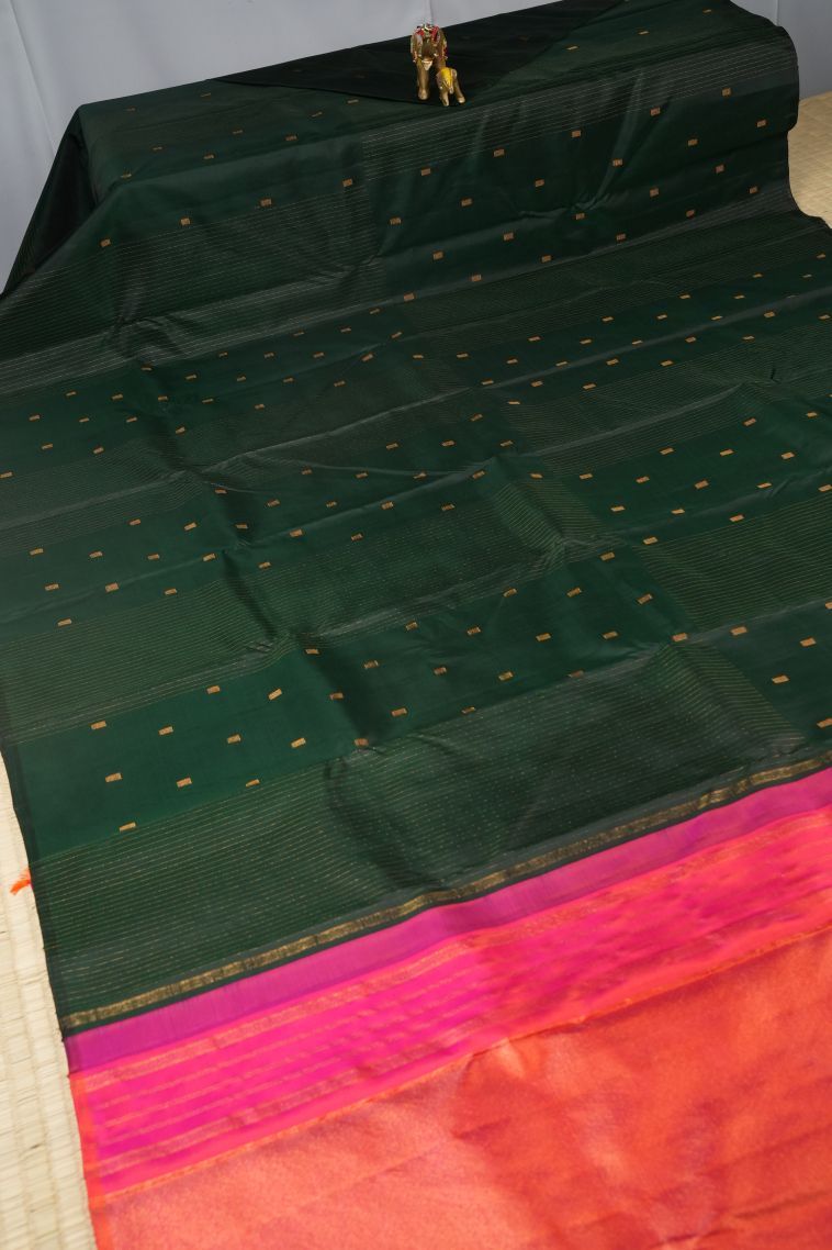 Basil Green Kanchipuram Silk Sarees with Gold Zari Stripes view 2