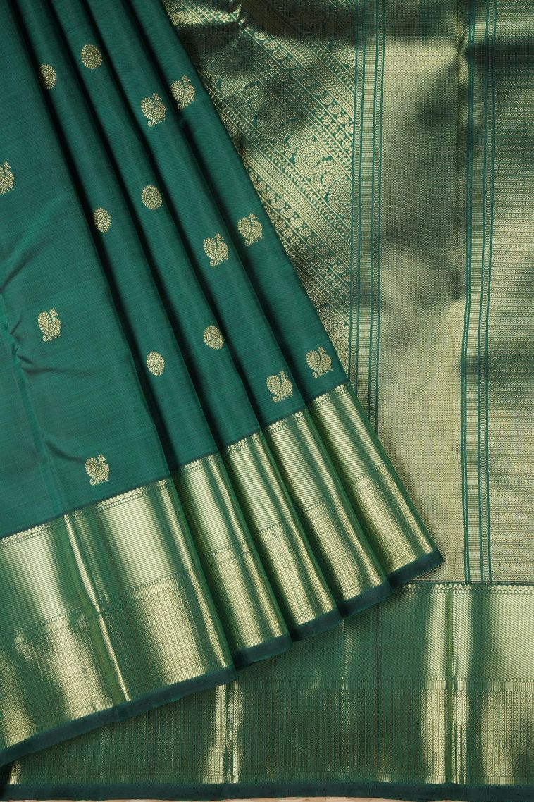 Bottle Green Kanchipuram Silk Sarees with Gold Zari Peacock Motifs view 1
