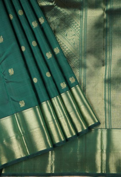 Bottle Green Kanchipuram Silk Sarees with Gold Zari Peacock Motifs