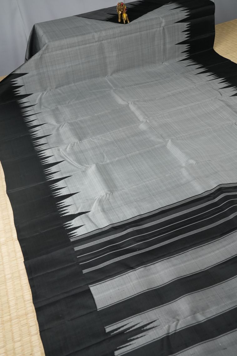 Gray Black Kanchipuram Silk Sarees with Without Zari Zari Plain view 2