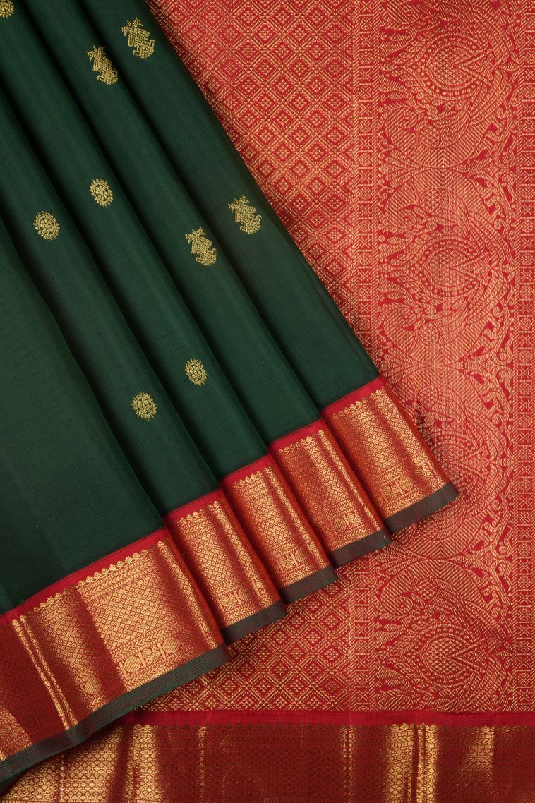 Pine Green Kanchipuram Silk Sarees with Gold Zari Buttis (small Dots Or Motifs) view 1