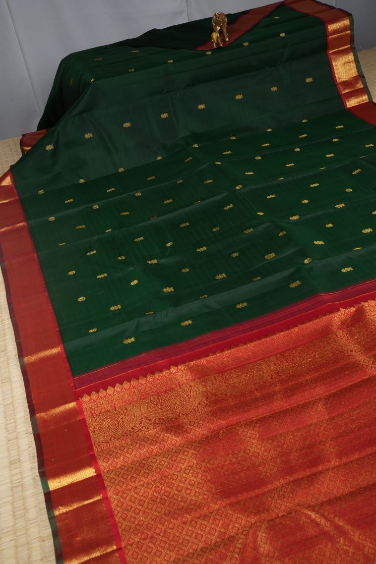 Pine Green Kanchipuram Silk Sarees with Gold Zari Buttis (small Dots Or Motifs) view 2